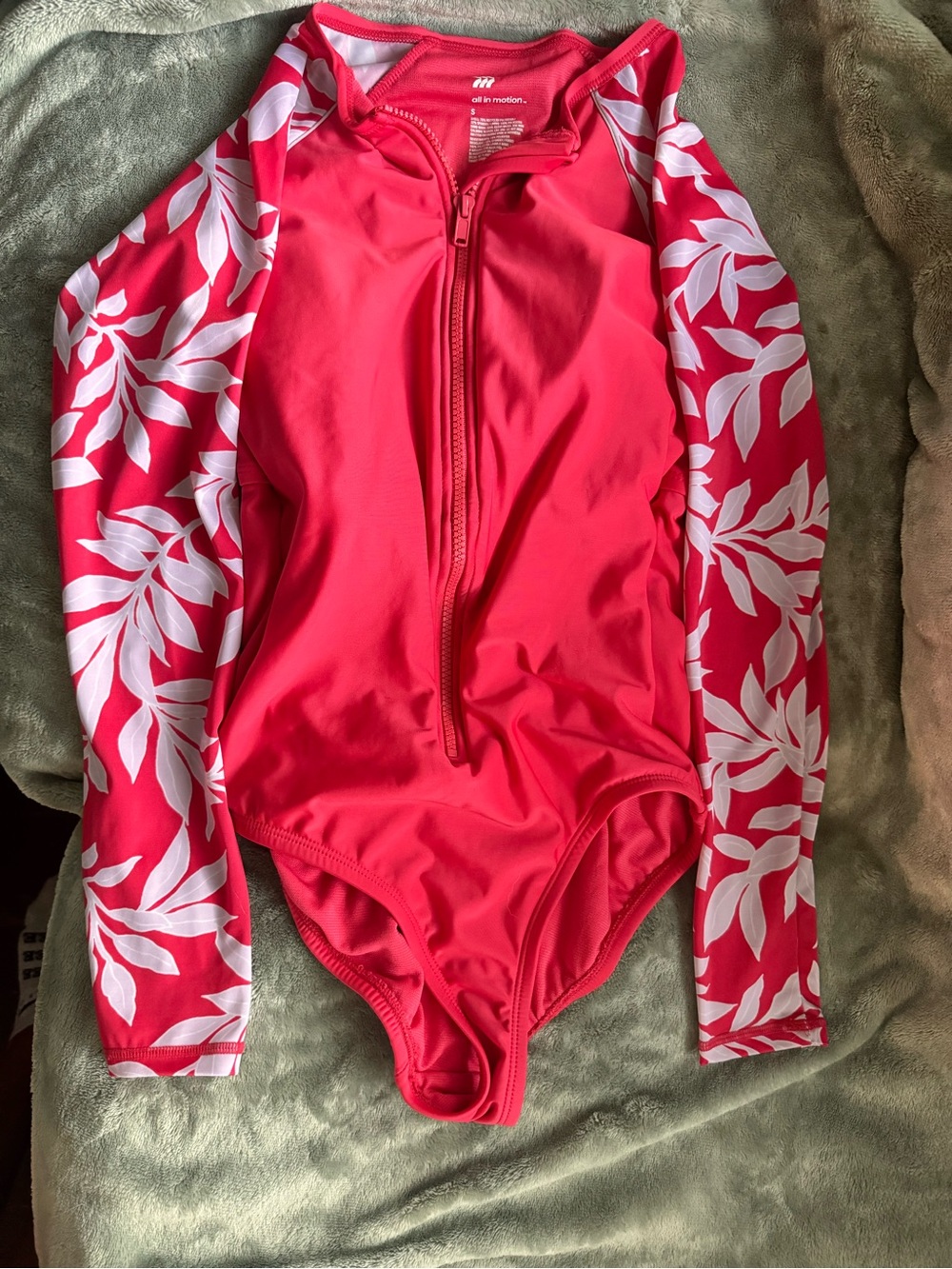All in Motion Women's Pink Long-Sleeve Floral One-Piece Swimsuit